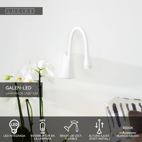 Lucide GALEN-LED - Lámpara de cabecera / Lámpara de pared - LED - 1x3W 3000K - Blanco - USP